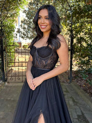 Black A Line Sweetheart Corset Tulle Prom Dress with Slit