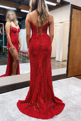 Mermaid Sheath Spaghetti Straps Appliqued Prom Dress with Slit