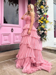 Cute Pink Strapless A-Line Ruched Crinkled Tulle Prom Dress