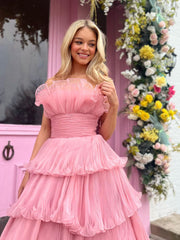 Cute Pink Strapless A-Line Ruched Crinkled Tulle Prom Dress