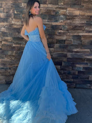 A-Line Strapless Cute Pink Ruched Long Tulle Prom Dress