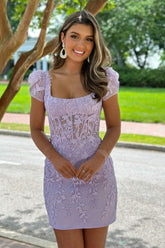 Short Bodycorn Purple Lace Homecoming Dress