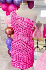 Hot Cute Pink Bodycorn One Shoulder Sequins Short Homecoming Dress