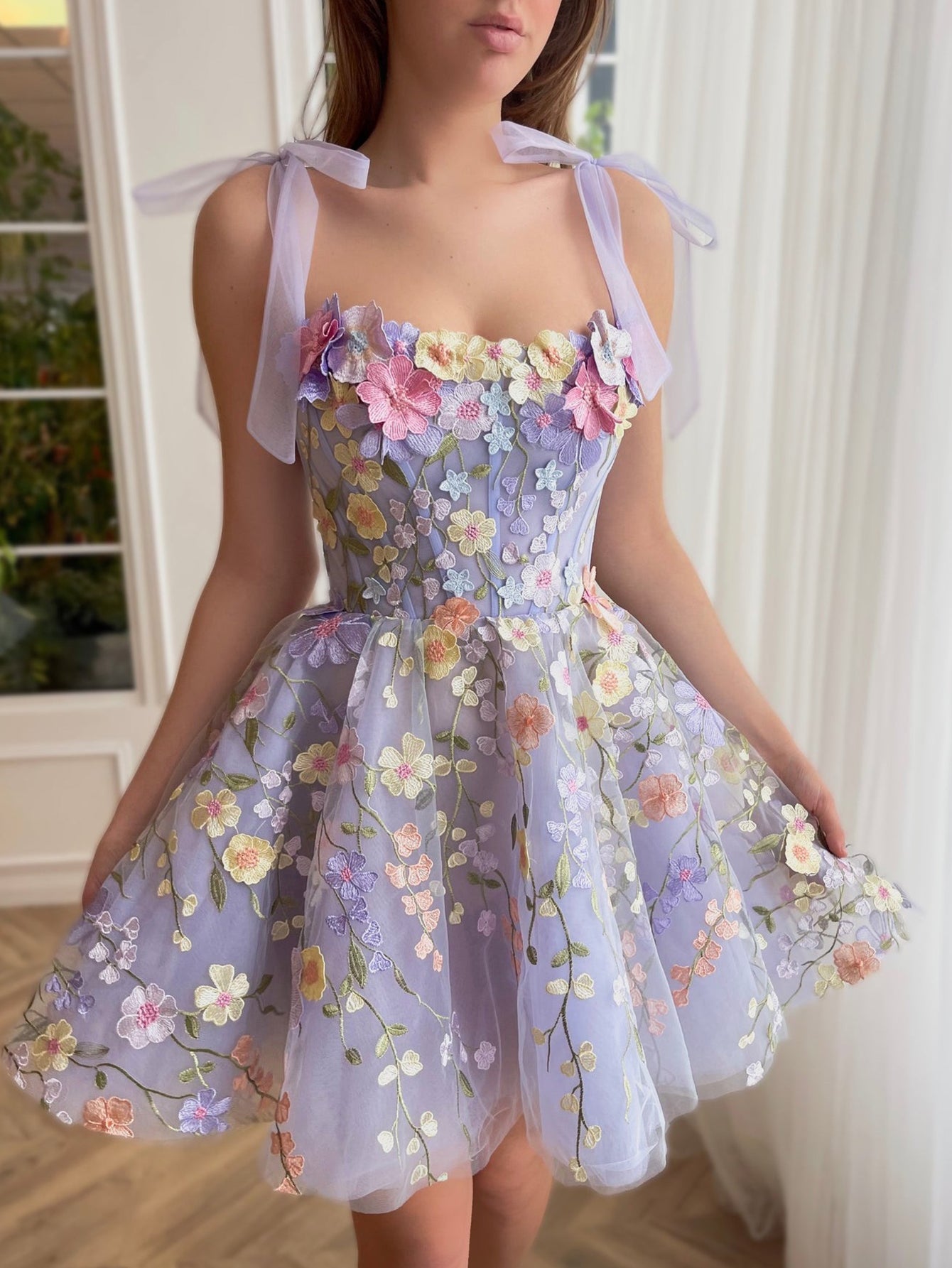 A-Line Lilac Short Homecoming Dress with 3D Flowers