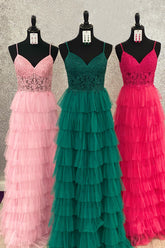 Dark Green A-Line Ruched Tulle Long Prom Dress with Lace