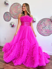 A-Line Strapless Cute Pink Ruched Long Tulle Prom Dress