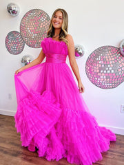 A-Line Strapless Cute Pink Ruched Long Tulle Prom Dress