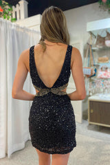 Bodycorn V Neck Black Sequins Homecoming Dress