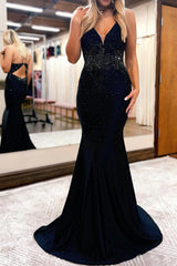 Mermaid Sheath Spaghetti Straps Beaded Satin Prom Dress