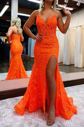 Mermaid Sheath Spaghetti Straps Sequined Lace Prom Dress