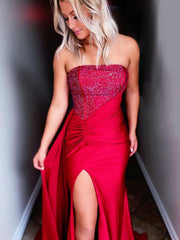 Red Strapless Satin Long Prom Dress with Slit