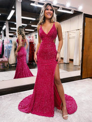 Glitter Red Mermaid Sheath V Neck Cut Out Prom Dress with Slit