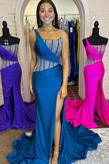 Blue Mermaid Sheath One Shoulder Long Prom Dresses with Beaded