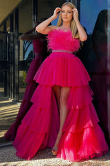 Fuchsia A-line High-Low Strapless Ruffled Tulle Prom Dress with Feathers