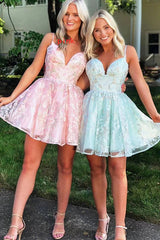 A-line Spaghetti Straps Short Lace Homecoming Dress