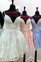A-line Spaghetti Straps Short Lace Homecoming Dress