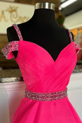 Hot Cute Pink Beaded Cold-Shoulder A-Line Prom Dress