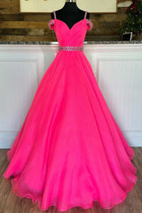Hot Cute Pink Beaded Cold-Shoulder A-Line Prom Dress