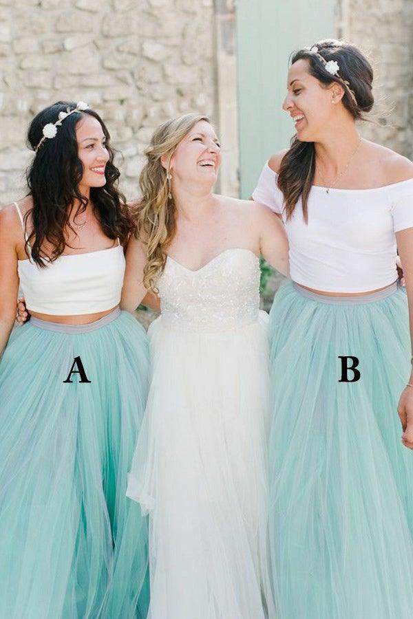 Mint Tulle Two Piece Spaghetti Straps Sweep Train Bridesmaid Dress