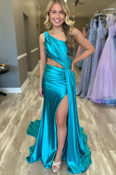 Charming Mermaid Sheath One Shoulder Satin Prom Dresses with Slit
