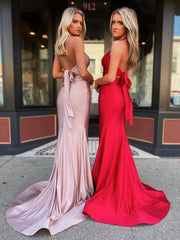 Red Satin Mermaid Sheath Tight V Neck Long Prom Dress With Bow Tie