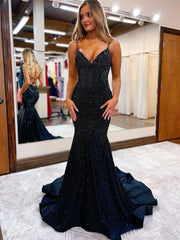 Shinny Mermaid Sheath V Neck Beaded Satin Long Prom Dress
