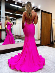 Shinny Mermaid Sheath V Neck Beaded Satin Long Prom Dress