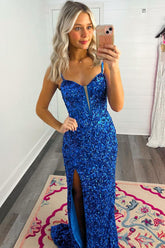 Mermaid Sheath Sweetheart Blue Sequins Long Prom Dresses with Slit