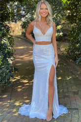 Mermaid Sheath Two Piece V Neck Sequins Prom Dress