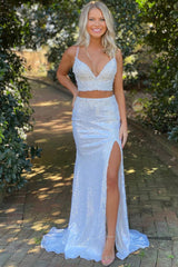 Mermaid Sheath Two Piece V Neck Sequins Prom Dress