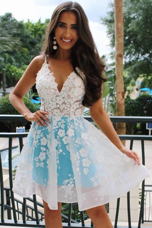 A-Line V-Neck Baby Blue Homecomig Dress with Appliques