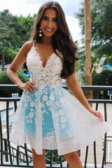 A-Line V-Neck Baby Blue Homecomig Dress with Appliques
