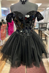 White Off-the-Shoulder Short Party Dress with Cut Glass Mirrors