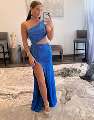 One Shoulder Royal Blue Prom Dress with Split