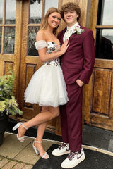 White Off-the-Shoulder Short Party Dress with Cut Glass Mirrors