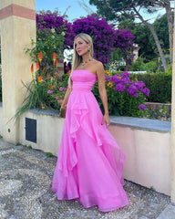 Light Cute Pink A Line Strapless Organza Prom Dress