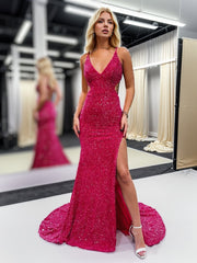 Glitter Red Mermaid Sheath V Neck Cut Out Prom Dress with Slit