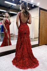 Mermaid Sheath V Neck Sequined Lace Prom Dress with Slit
