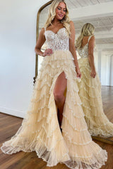 A-Line Sweetheart Champagne Tulle Prom Dresses with Appliqued