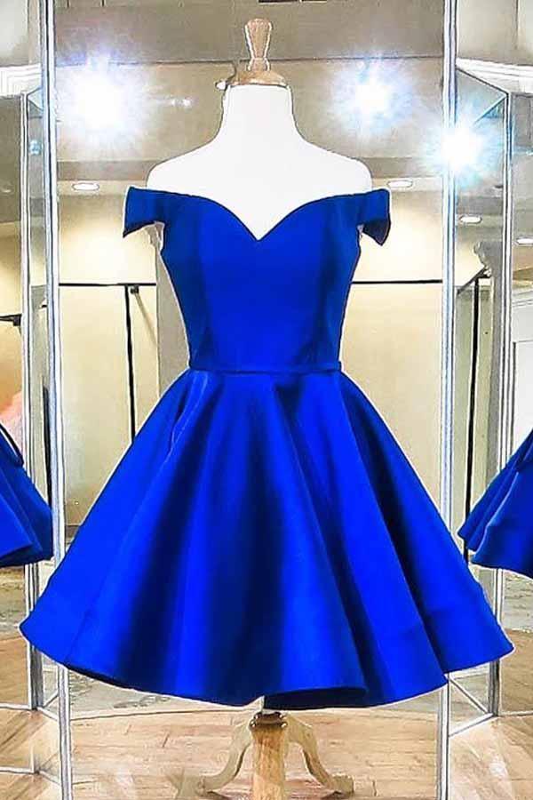 Fashion Off The Shoulder Royal Blue Satin Homecoming Dress