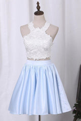 Two-Piece Scoop A-Line Satin Homecoming Dress with Applique