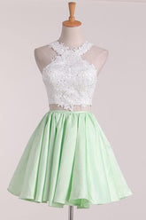 Two-Piece Scoop A-Line Satin Homecoming Dress with Applique