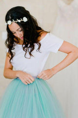 Mint Tulle Two Piece Spaghetti Straps Sweep Train Bridesmaid Dress