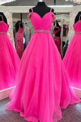 Hot Cute Pink Beaded Cold-Shoulder A-Line Prom Dress