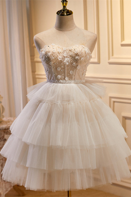 White Tulle 3D Floral Lace A-Line Ruched Homecoming Dress