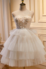 White Tulle 3D Floral Lace A-Line Ruched Homecoming Dress