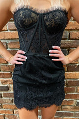 Black Strapless Eyelash Lace Short Dress