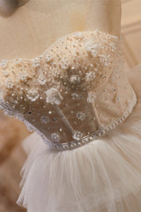 White Tulle 3D Floral Lace A-Line Ruched Homecoming Dress
