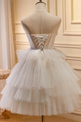 White Tulle 3D Floral Lace A-Line Ruched Homecoming Dress
