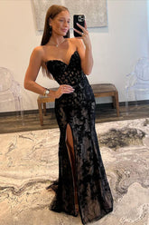 Mermaid Sheath Strapless Lace Prom Dress with Slit